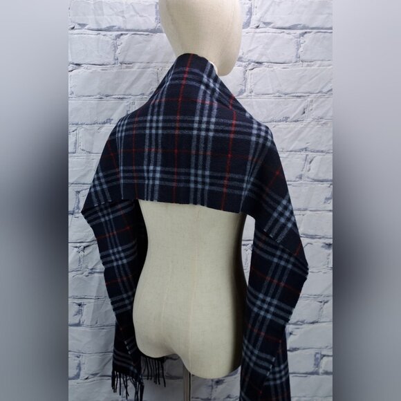 Burberry Vintage Scarf Nova Check Lambswool England Navy 90s Y2K 70" x 12.5" - Picture 6 of 13